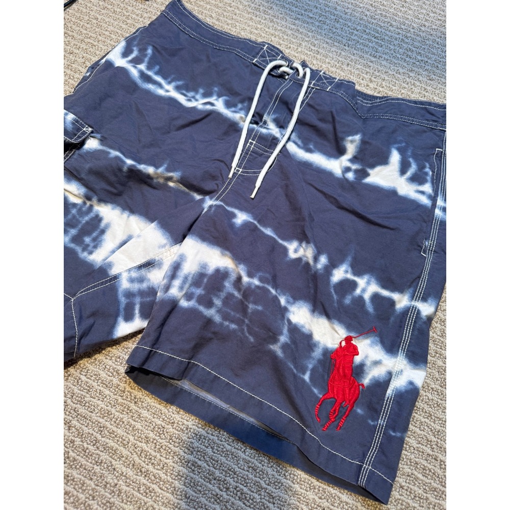 Polo Ralph Lauren Tie Dye Swim Trunks Big Pony Blue White Board Shorts Mens L - Picture 3 of 14